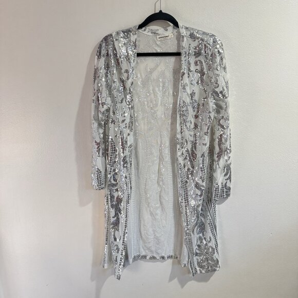 Anna Kaci Kimono L Cardigan Duster Silver Sequins Sheer Party Holiday Sexy - Picture 4 of 12